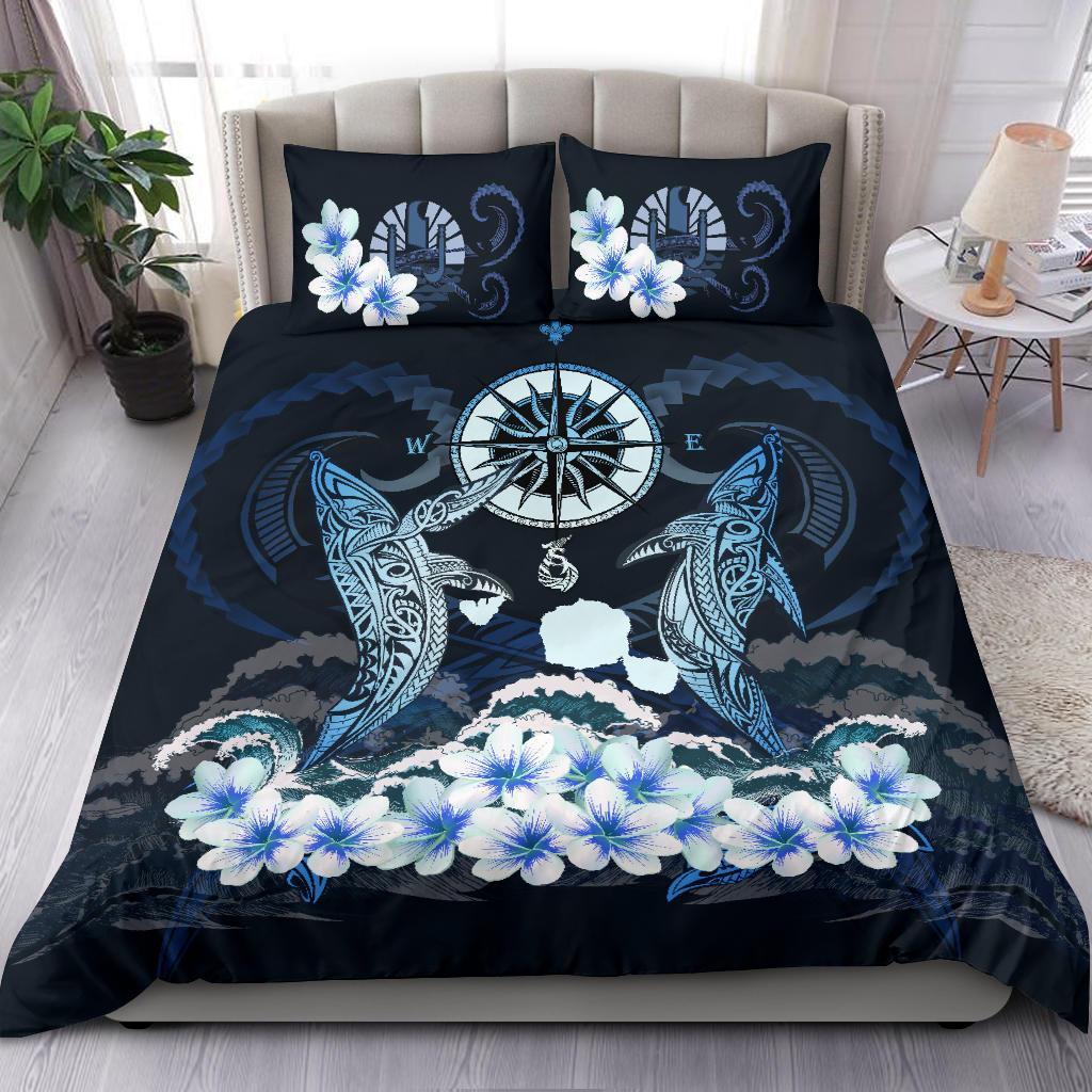 Tahiti Bedding Set - Shark Polynesia Compass Plumeria Blue - Vibe Hoodie Shop