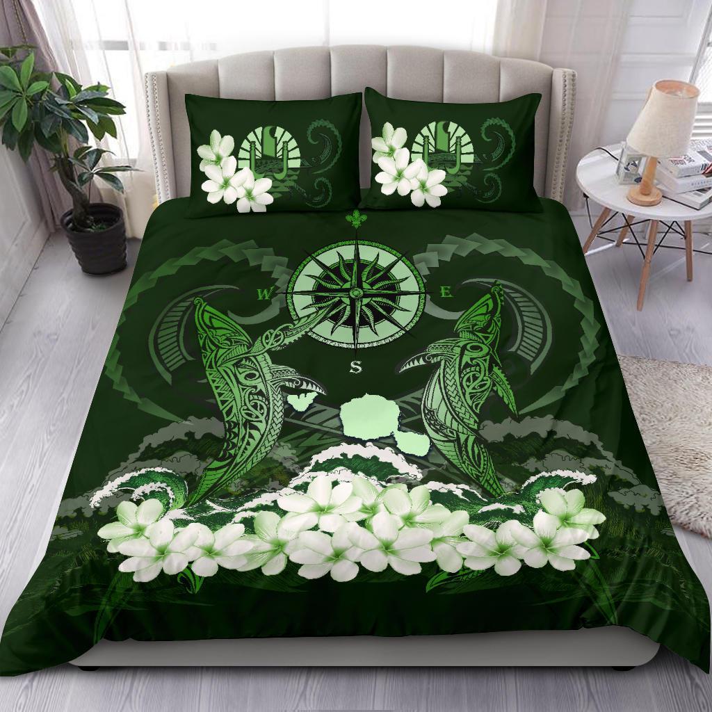 Tahiti Bedding Set - Shark Polynesia Compass Plumeria Green - Vibe Hoodie Shop