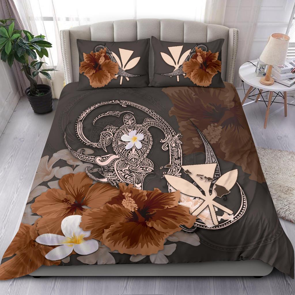 Kanaka Maoli (Hawaii) Bedding Set - Hibiscus Turtle Tribal Brown - Vibe Hoodie Shop