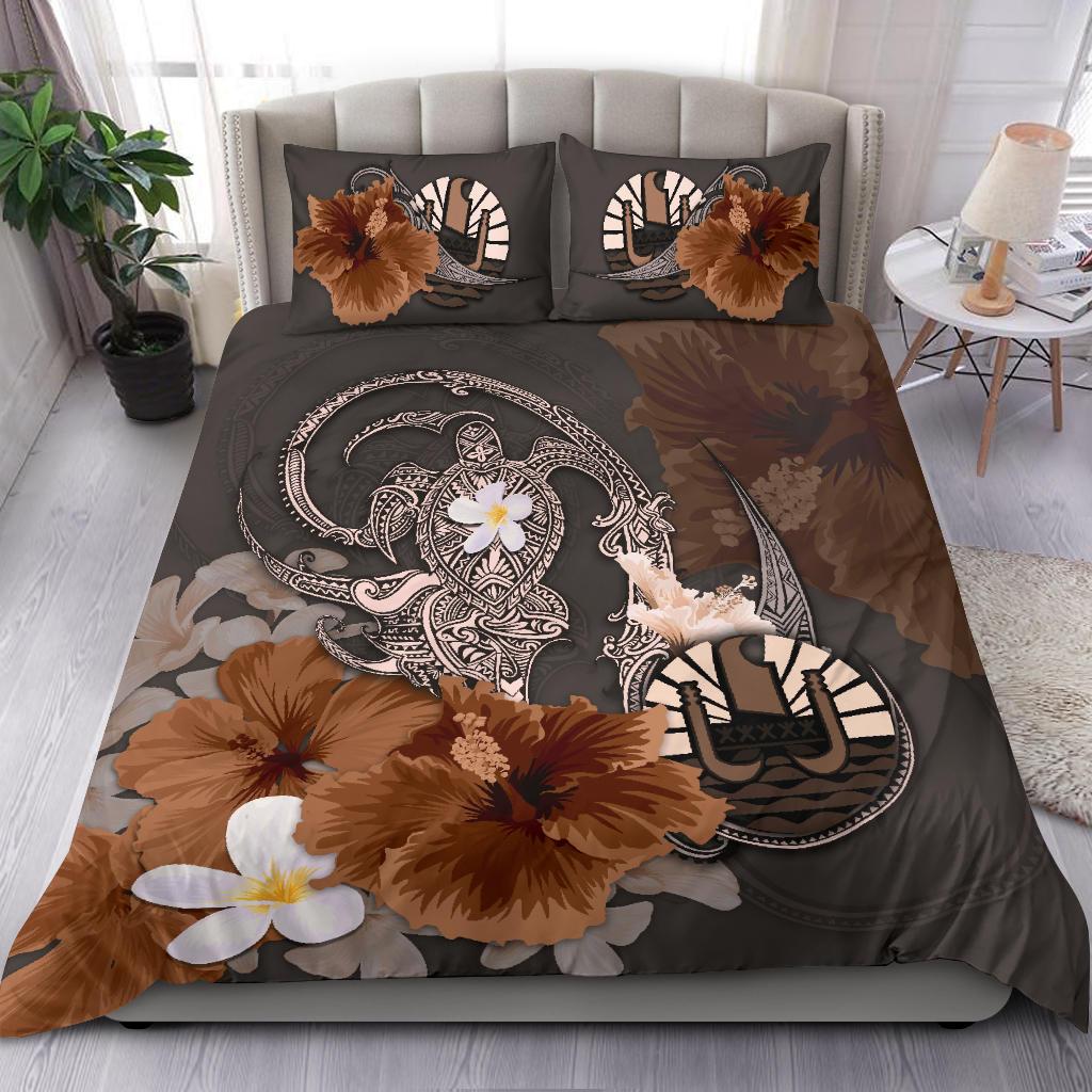 Tahiti Bedding Set - Hibiscus Turtle Tribal Brown - Vibe Hoodie Shop