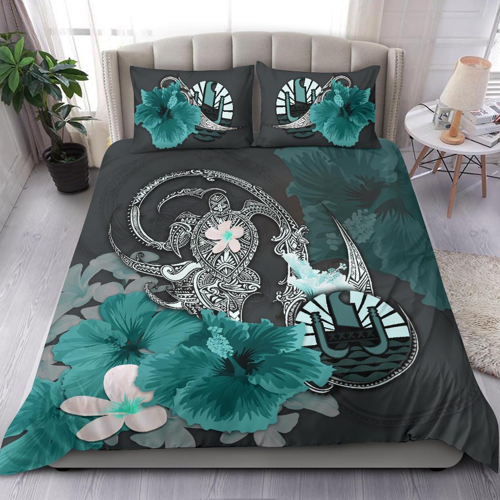 Tahiti Bedding Set - Hibiscus Turtle Tribal Turquoise - Vibe Hoodie Shop