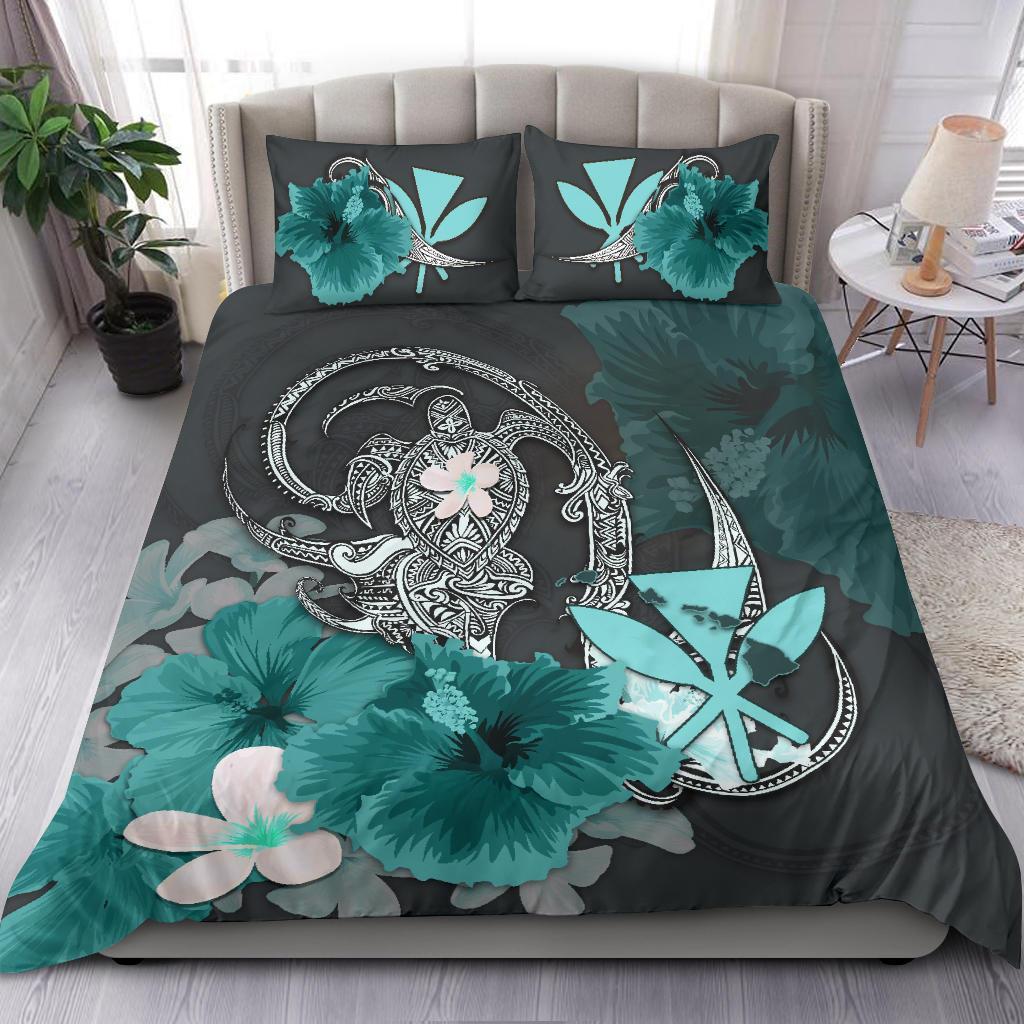 Kanaka Maoli (Hawaii) Bedding Set - Hibiscus Turtle Tribal Turquoise - Vibe Hoodie Shop