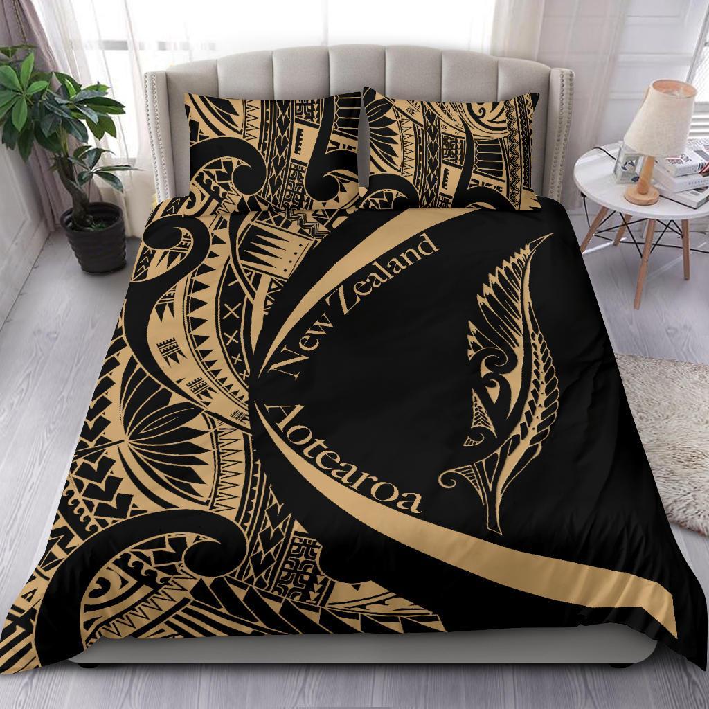 New Zealand Silver Fern Bedding Set Maori Tattoo Circle Style - Golden - Vibe Hoodie Shop