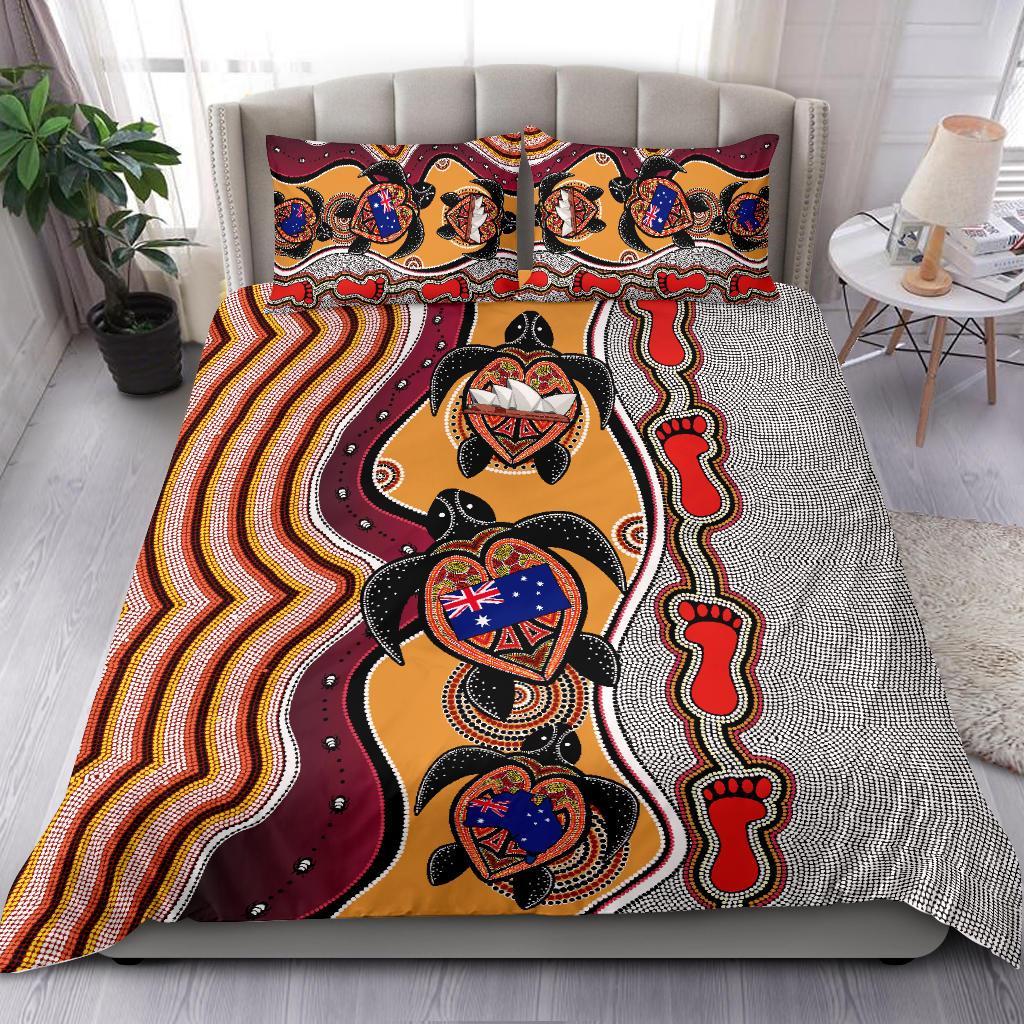 Aboriginal Bedding Set, Turtle Australia Flag Footprint Sydney Opera - Vibe Hoodie Shop