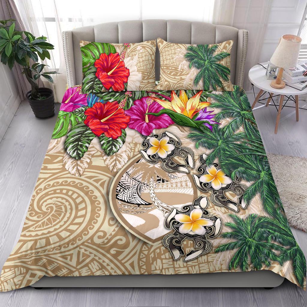 Guam Bedding Set - Hibiscus Turtle Tattoo Beige - Vibe Hoodie Shop