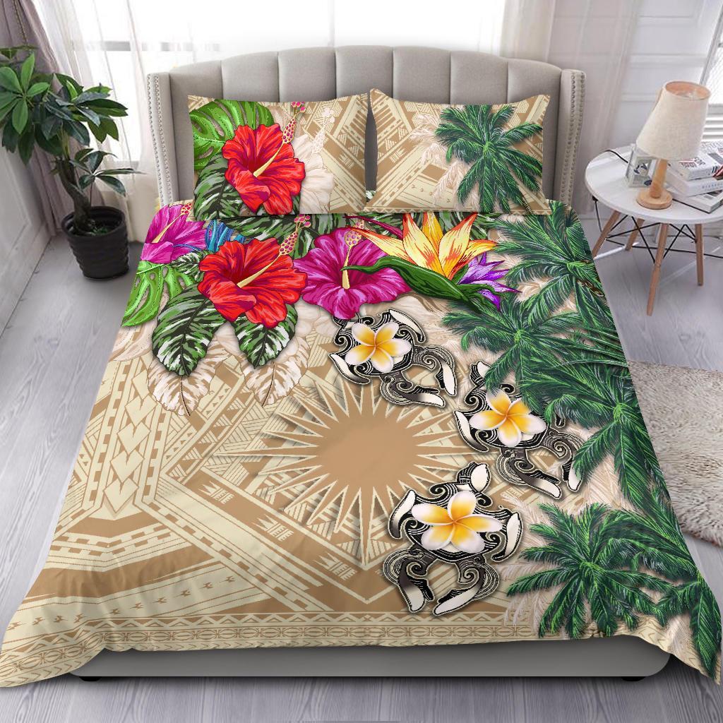 Marshall Islands Bedding Set - Hibiscus Turtle Tattoo Beige - Vibe Hoodie Shop