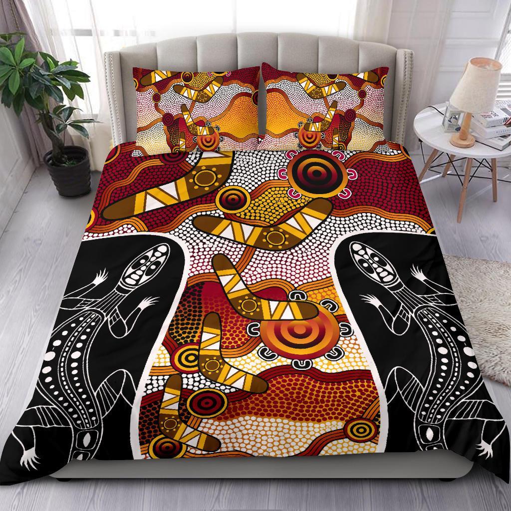 Aboriginal Bedding Set, Lizard Dot Painting Boomerang Patterns - Vibe Hoodie Shop