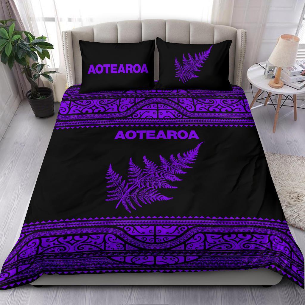 Aotearoa New Zealand Maori Bedding Set Silver Fern - Purple - Vibe Hoodie Shop