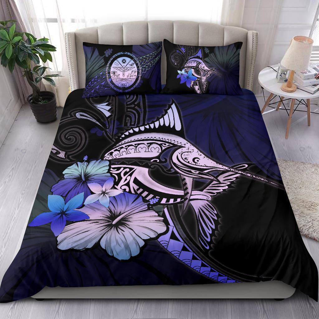 Marshall Islands Bedding Set - Purple Blue Marlin and Hibiscus - Vibe Hoodie Shop