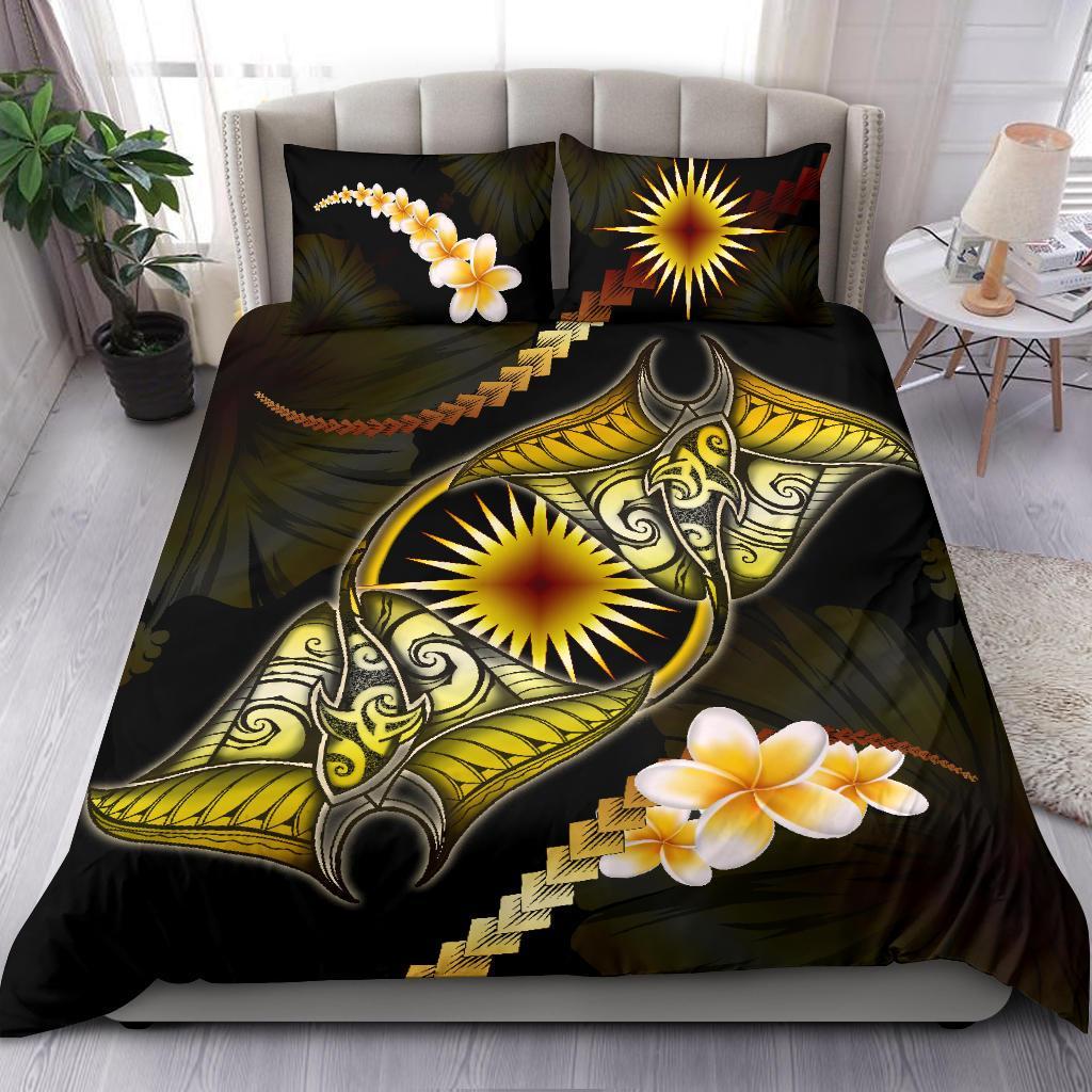 Marshall Islands Bedding Set Plumeria - Polynesian Manta Ray Yellow - Vibe Hoodie Shop