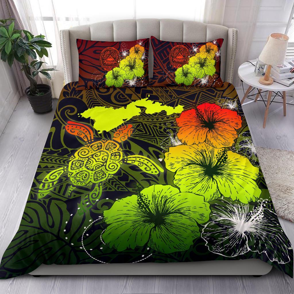 American Samoa Hibiscus Turtle Polynesian Bedding Set - Maps Style Reggae - Vibe Hoodie Shop