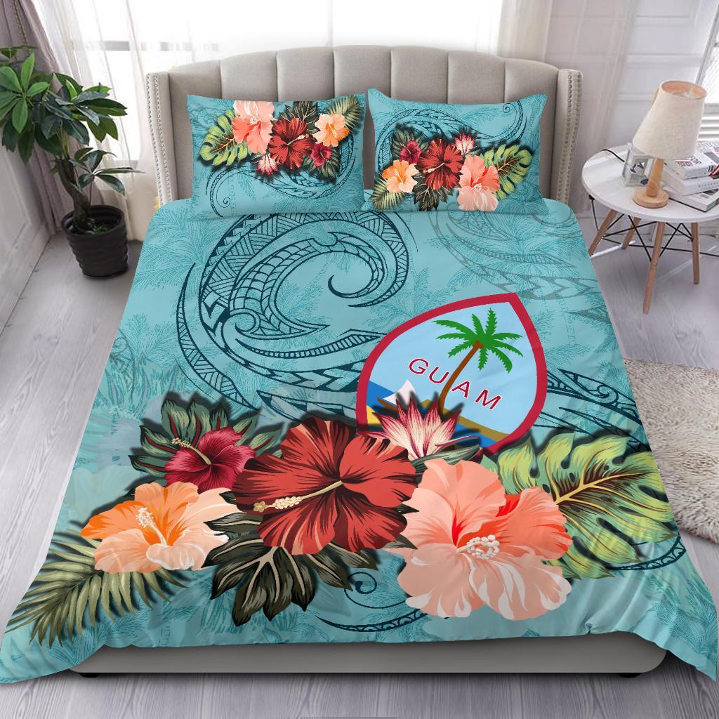 Guam Bedding Set Guam Hibiscus Polynesian Wave Coat Of Arms Duvet Cover Blue - Vibe Hoodie Shop