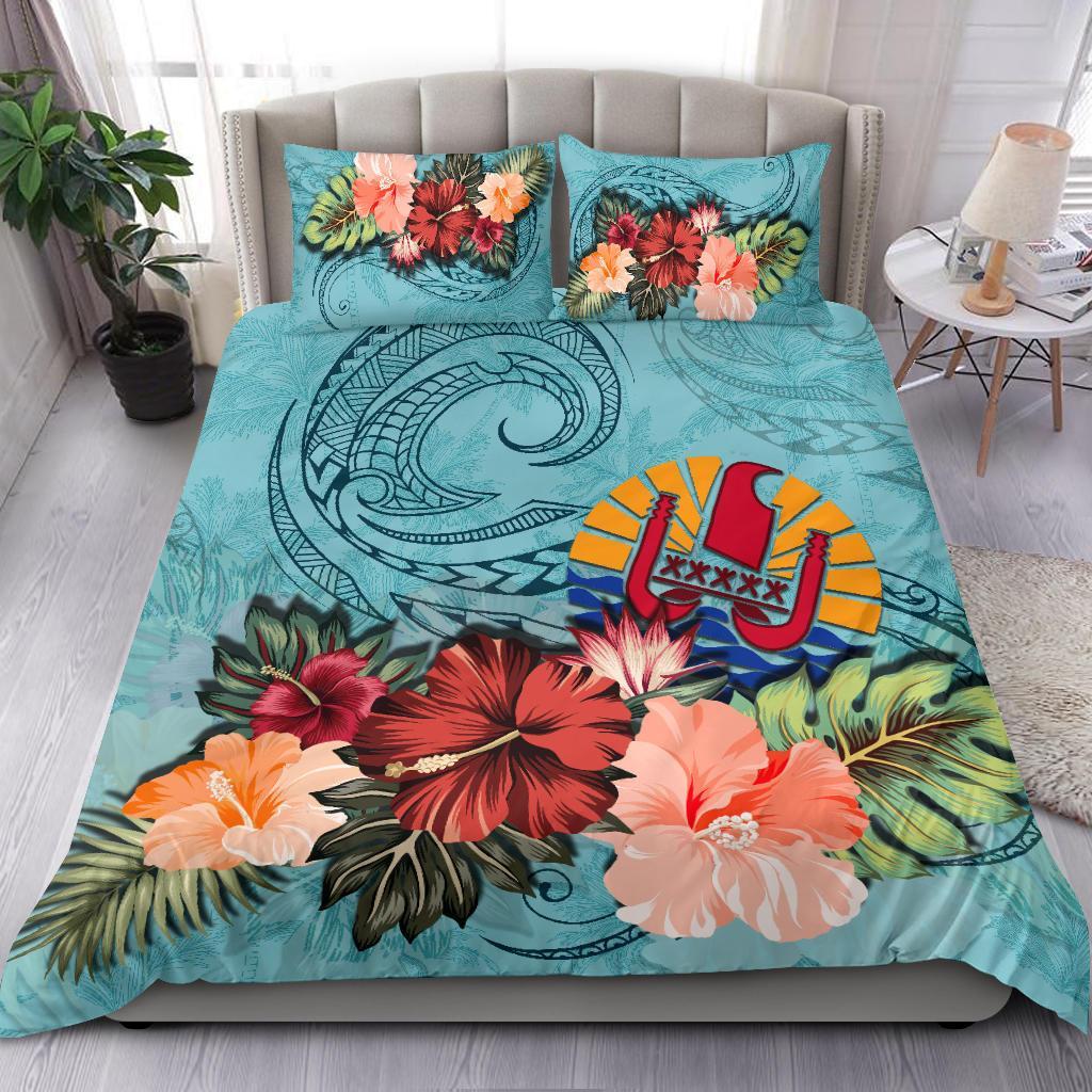 Tahiti Bedding Set Tahitian Hibiscus Polynesian Wave Coat Of Arms Duvet Cover Blue - Vibe Hoodie Shop