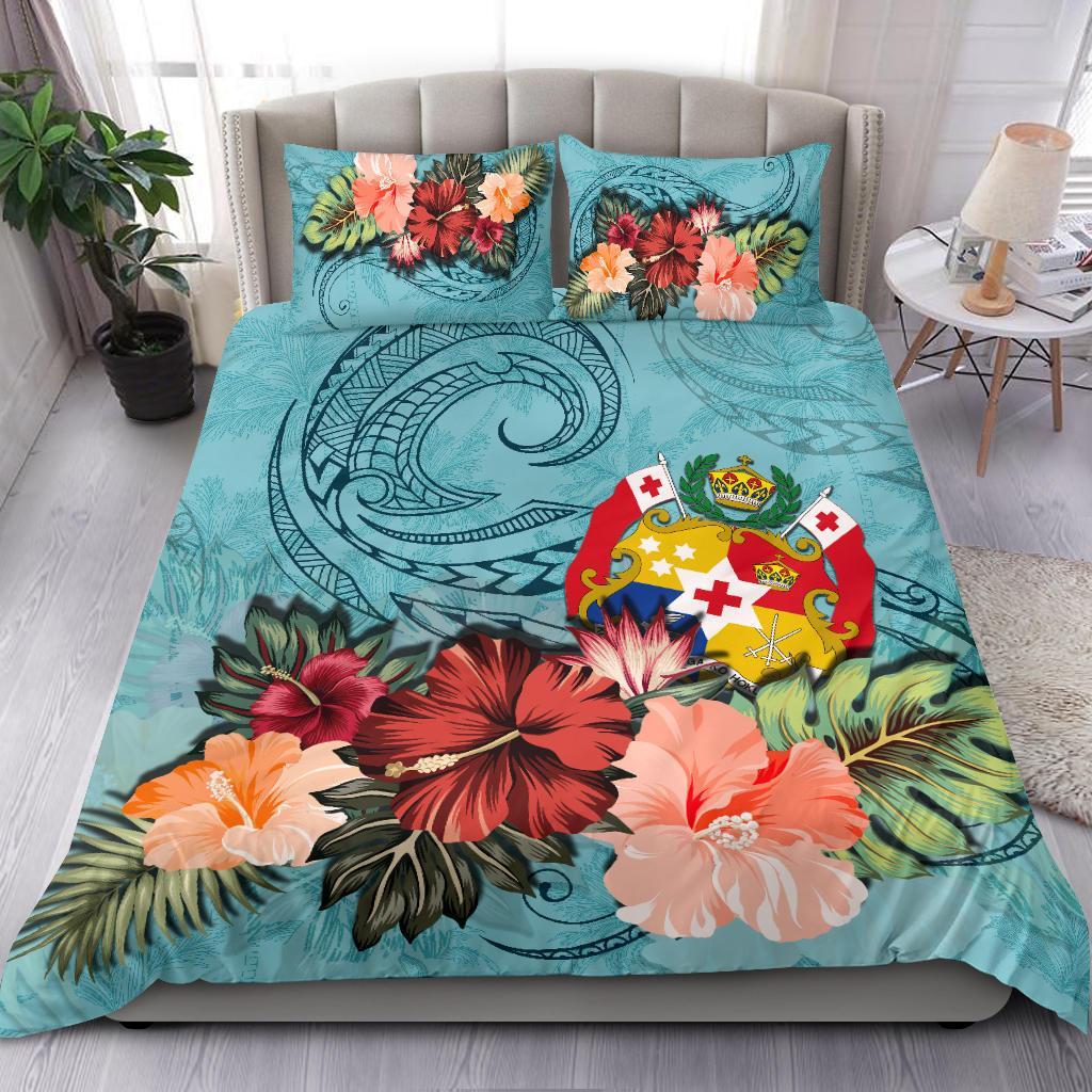 Tonga Bedding Set Tonga Hibiscus Polynesian Wave Coat Of Arms Duvet Cover Blue - Vibe Hoodie Shop