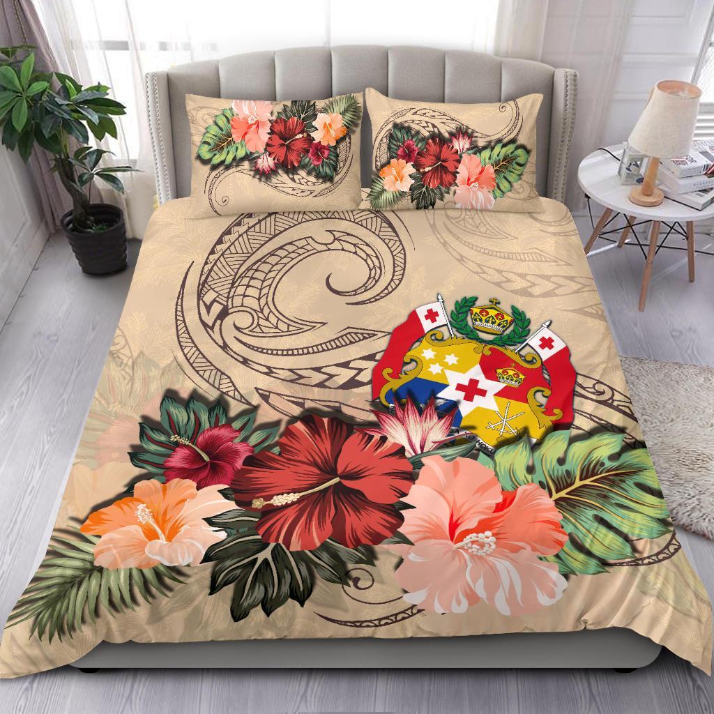 Tonga Bedding Set Tonga Hibiscus Polynesian Wave Coat Of Arms Duvet Cover Beige - Vibe Hoodie Shop