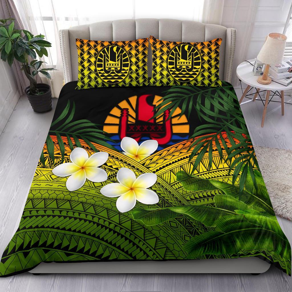 Tahiti Bedding Set, Polynesian Plumeria Banana Leaves Reggae - Vibe Hoodie Shop