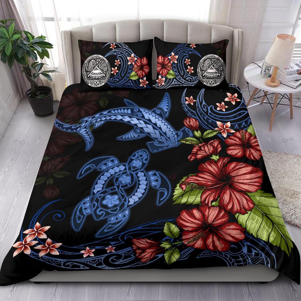 American Samoa Bedding Set Turtle And Shark Polynesian Hibiscus - Vibe Hoodie Shop