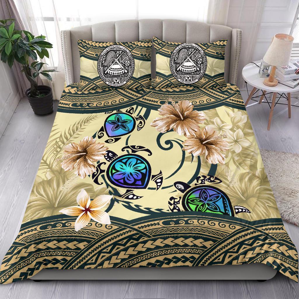 American Samoa Bedding Set - Polynesian Turtle Hibiscus Beige - Vibe Hoodie Shop