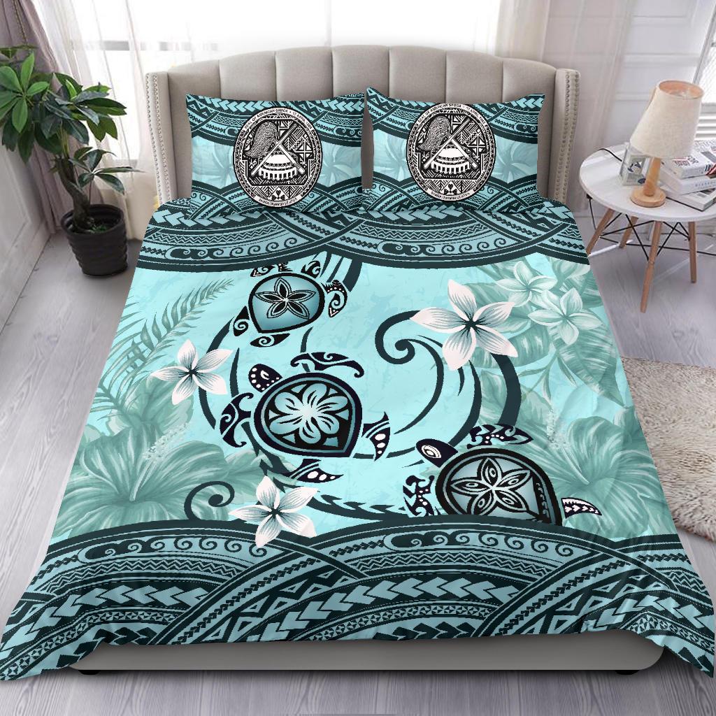 American Samoa Bedding Set - Polynesian Turtle Plumeria Blue - Vibe Hoodie Shop