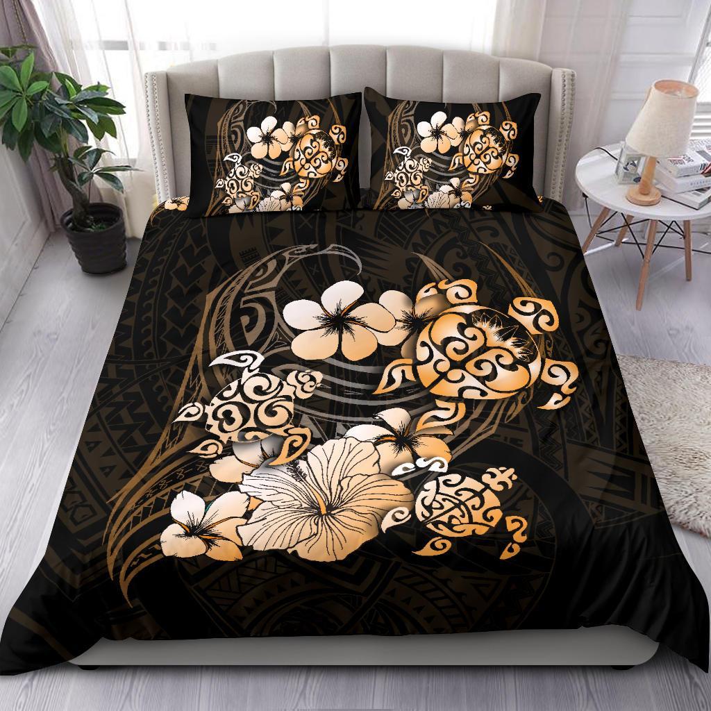 Golden Turtle Hibiscus Mix Plumeria Polynesian Bedding Set - Vibe Hoodie Shop