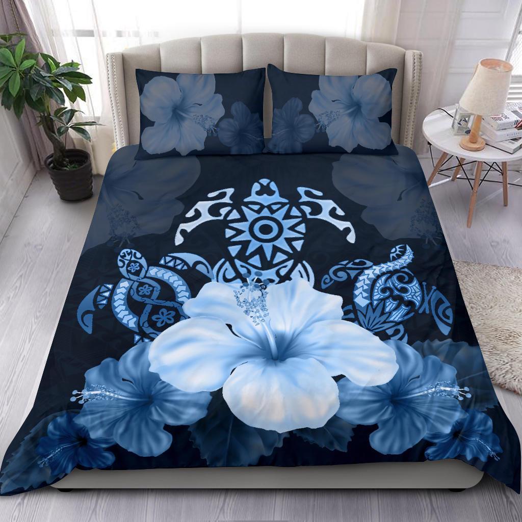 Turtle And Hibiscus Bedding Set - Blue Turtle Tribal - Vibe Hoodie Shop