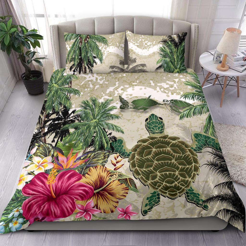 Turtle And Coconut Tree Bedding Set Hibiscus And Turtle On The Beach - Vibe Hoodie Shop