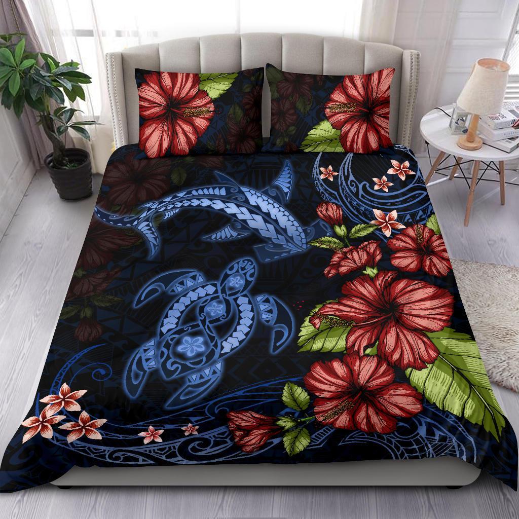 Turtle And Shark Bedding Set Hibiscus Polynesian - Vibe Hoodie Shop