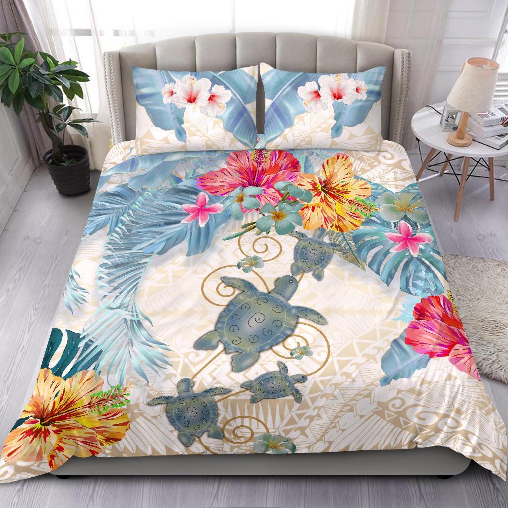 Turtle Bedding Set Hibiscus And Palm Leaf - Vibe Hoodie Shop