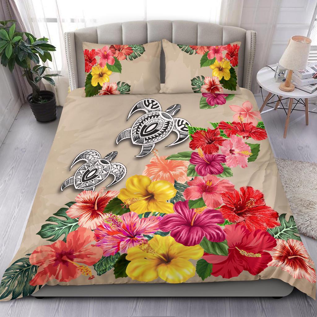 Turtle Polynesian Bedding Set Hibiscus Colorful - Vibe Hoodie Shop