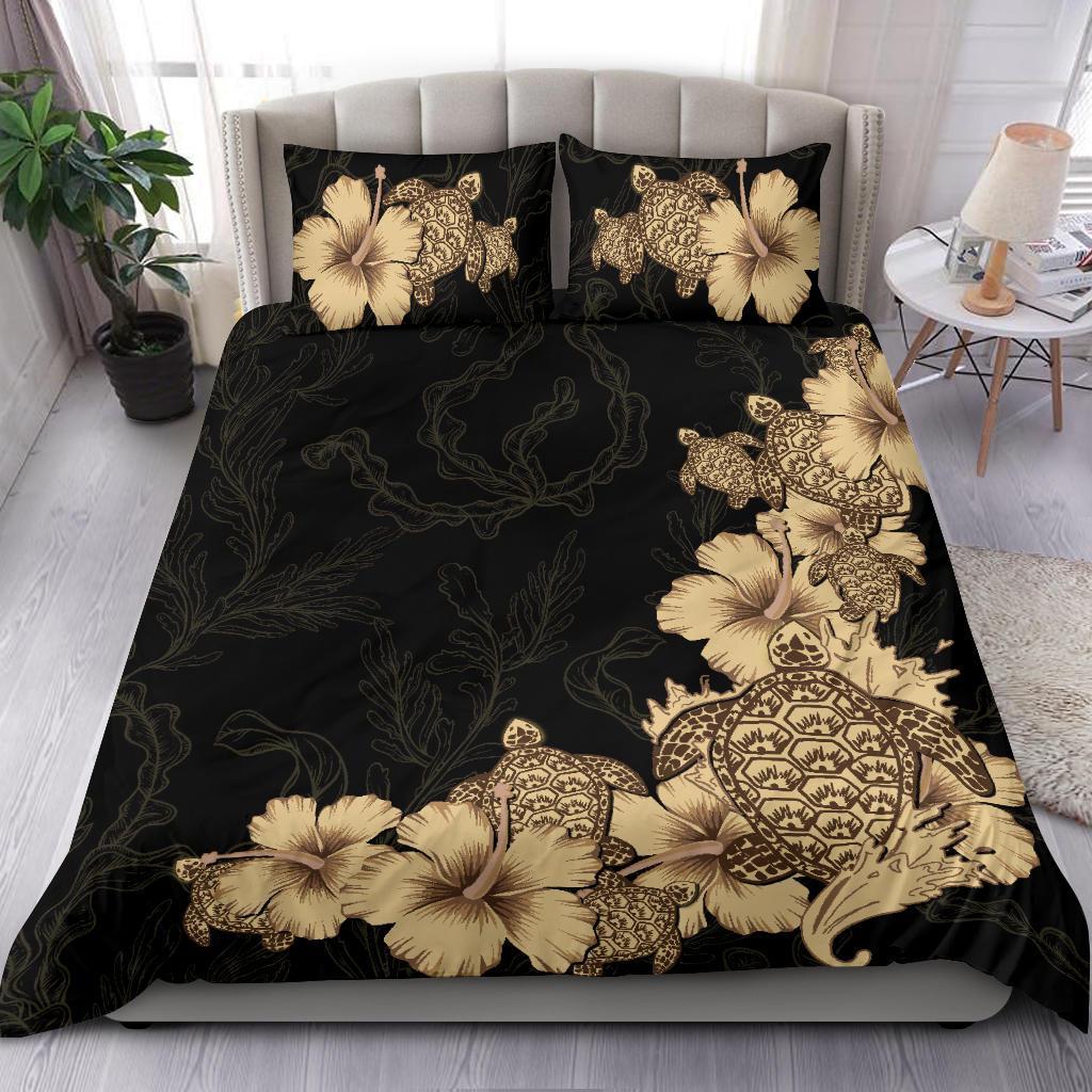 Hibiscus Plumeria Golden Turtle Bedding Set - Vibe Hoodie Shop