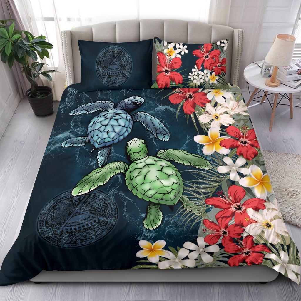 American Samoa Bedding Set - Sea Turtle Tropical Hibiscus And Plumeria - Vibe Hoodie Shop