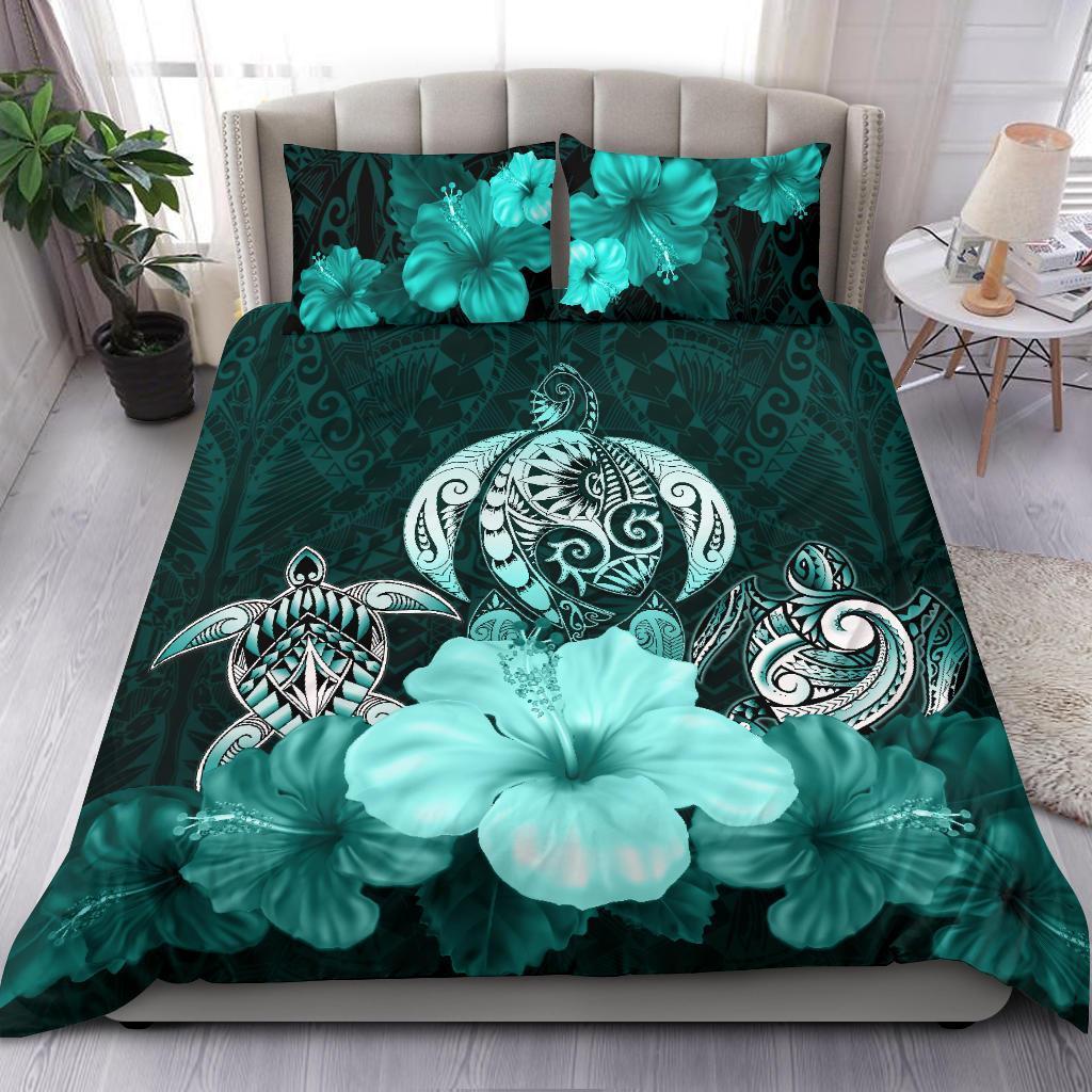 Three Turtle Polynesian Bedding Set Hibiscus Turquoise - Vibe Hoodie Shop