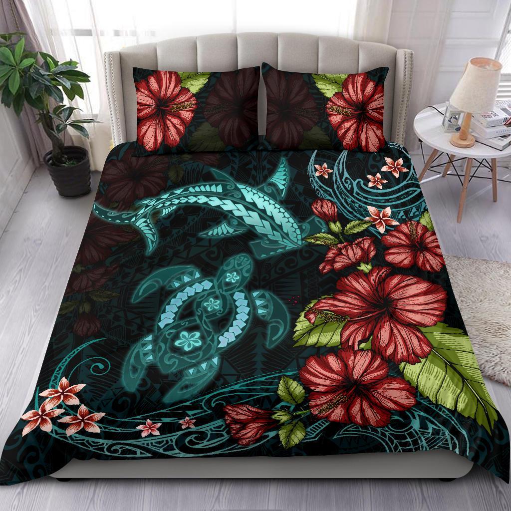 Shark And Turtle Bedding Set Hibiscus Turquoise - Vibe Hoodie Shop