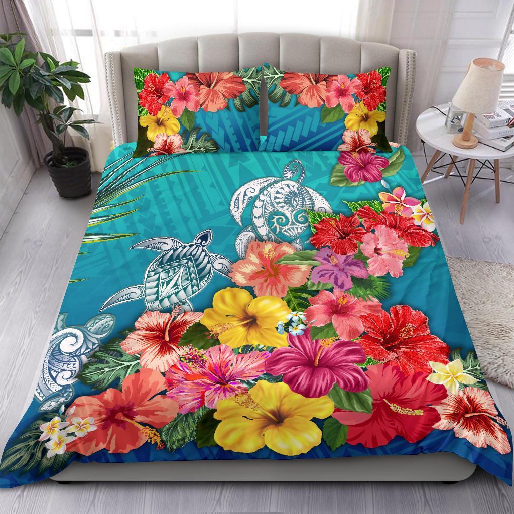 Three Turtle Polynesian Bedding Set Hibiscus Colorful - Vibe Hoodie Shop