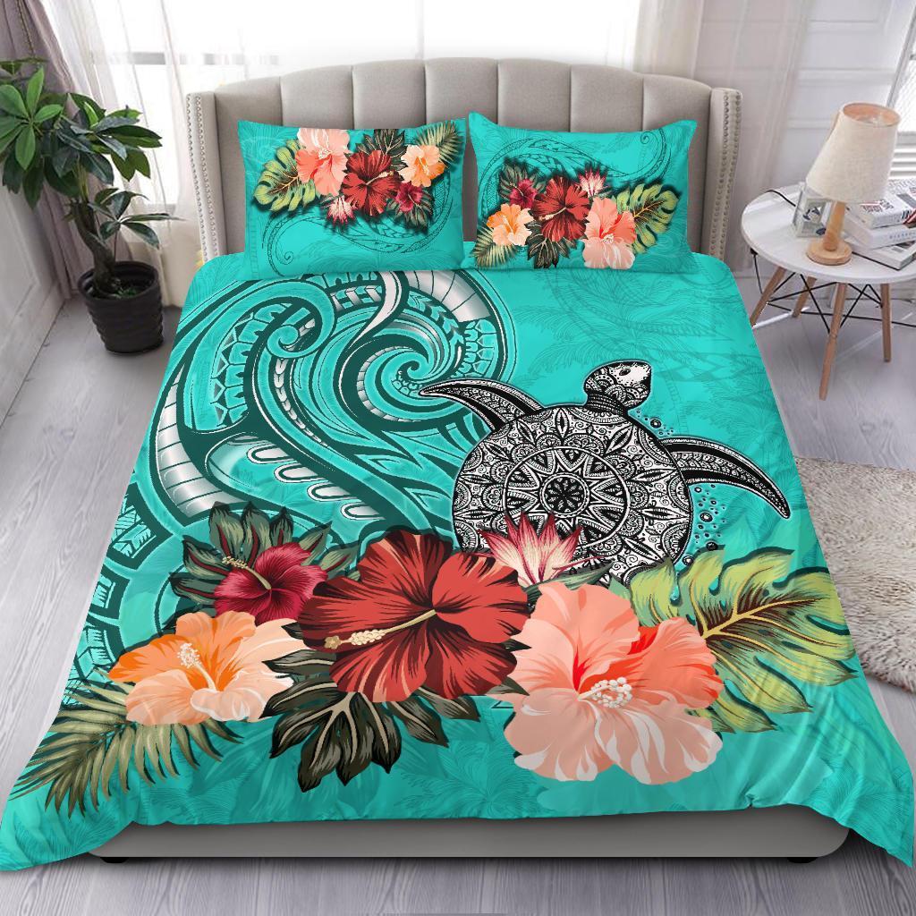 Turtle Polynesian Bedding Set Hibiscus Polynesian Turquoise - Vibe Hoodie Shop