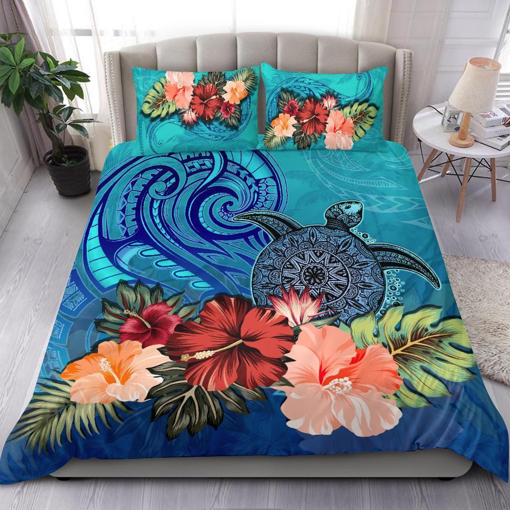 Turtle And Hibiscus Bedding Set Polynesian Blue - Vibe Hoodie Shop