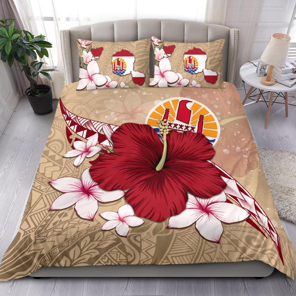 Tahiti Bedding Set - Beige Poly Hibiscus And Maps - Vibe Hoodie Shop