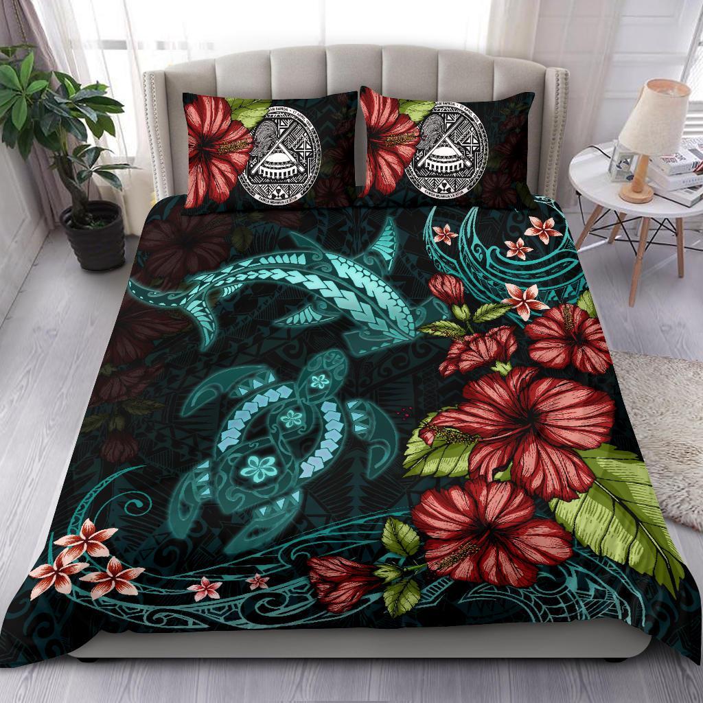 American Samoa Bedding Set Shark and Turtle Turquoise Hibiscus - Vibe Hoodie Shop