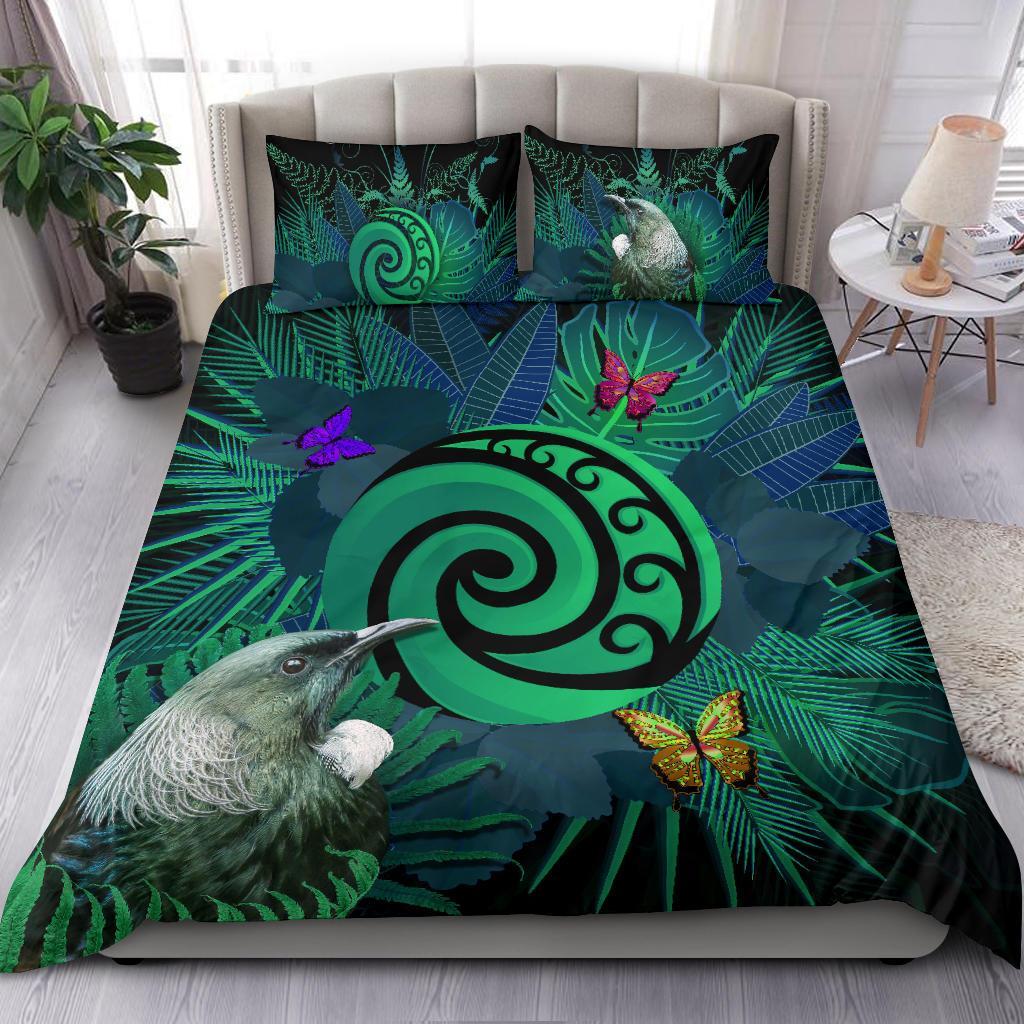 New Zealand Bedding Set Koru Fern Mix Tui Bird - Tropical Floral Turquoise - Vibe Hoodie Shop