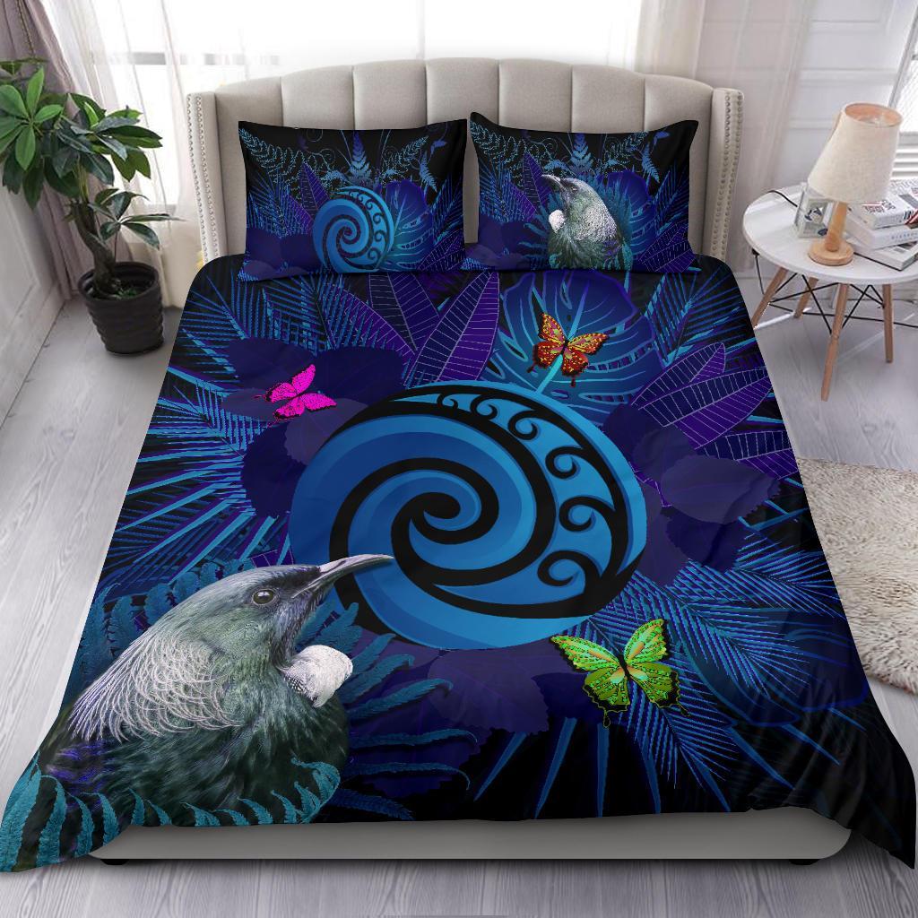 New Zealand Bedding Set Koru Fern Mix Tui Bird - Tropical Floral Blue - Vibe Hoodie Shop