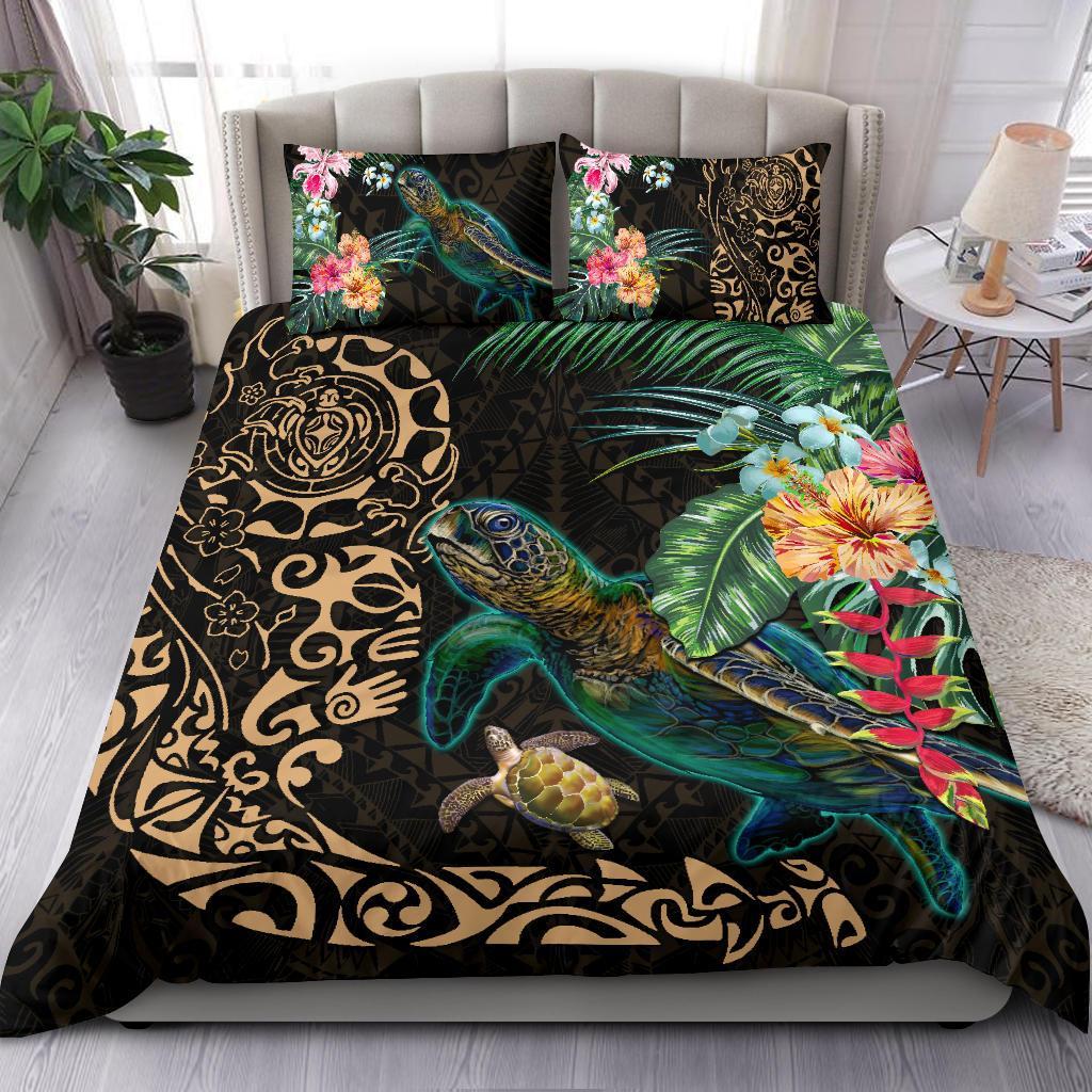 Tiki Polynesian Bedding Set Turtle Hibiscus - Gold - Vibe Hoodie Shop