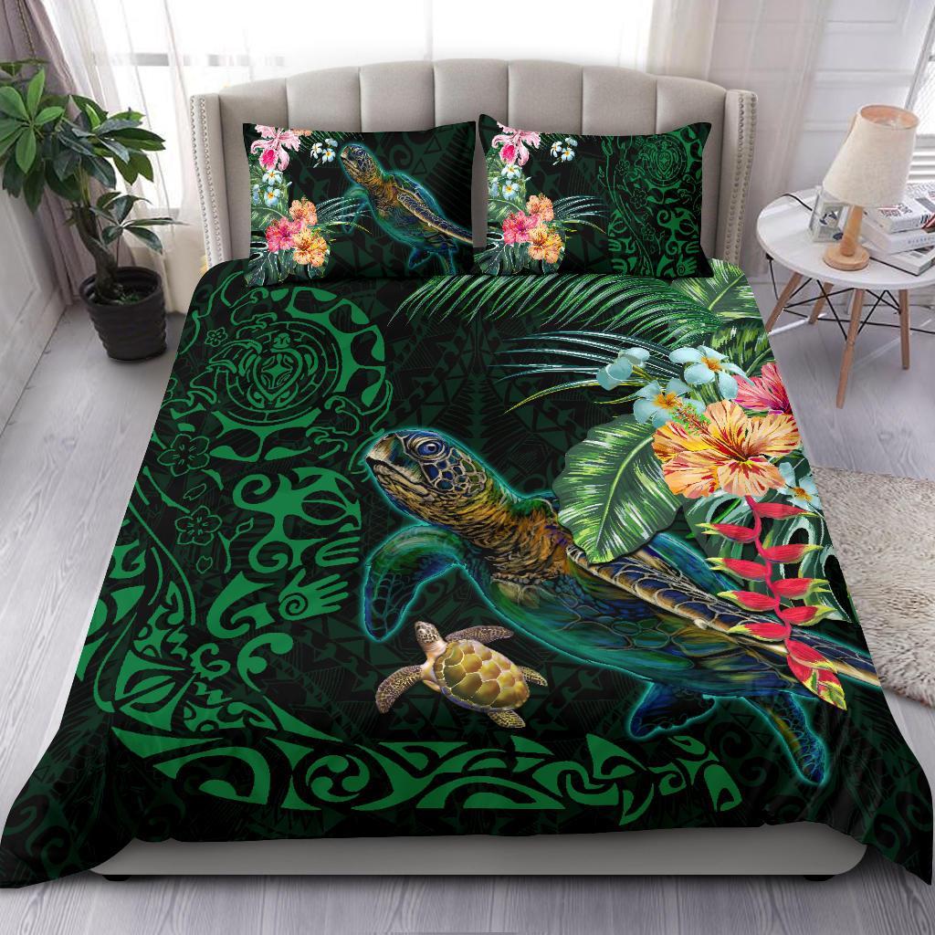 Tiki Polynesian Bedding Set Turtle Hibiscus - Green - Vibe Hoodie Shop