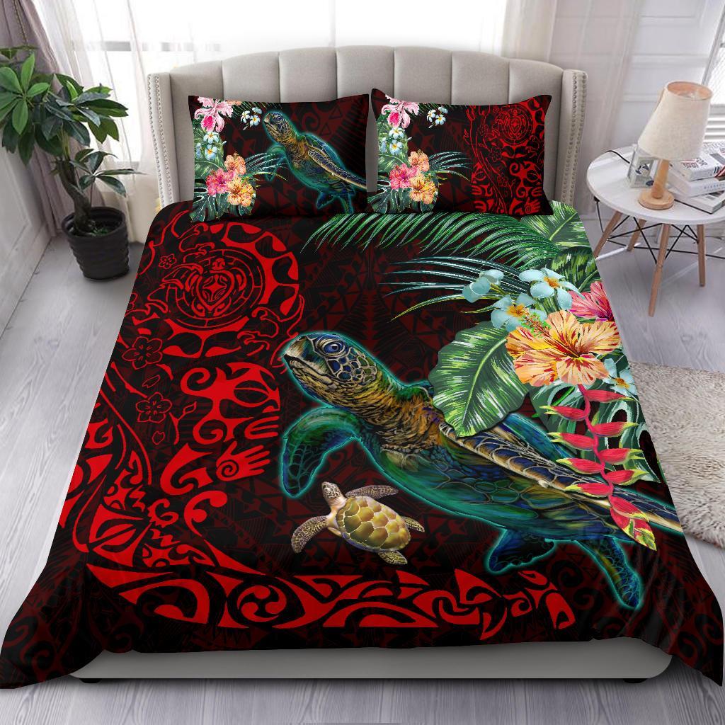 Tiki Polynesian Bedding Set Turtle Hibiscus - Red - Vibe Hoodie Shop