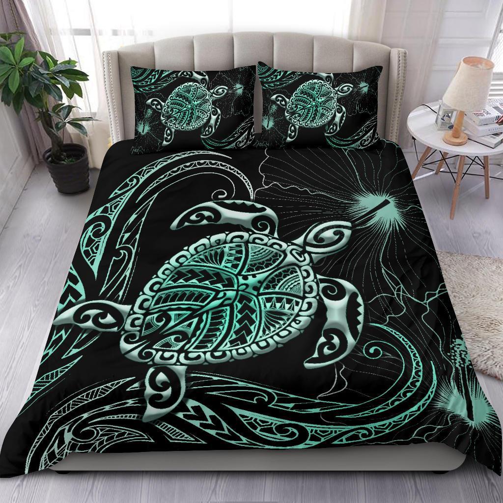 Polynesian Bedding Set Turtle Mix Hibiscus - Turquoise - Vibe Hoodie Shop