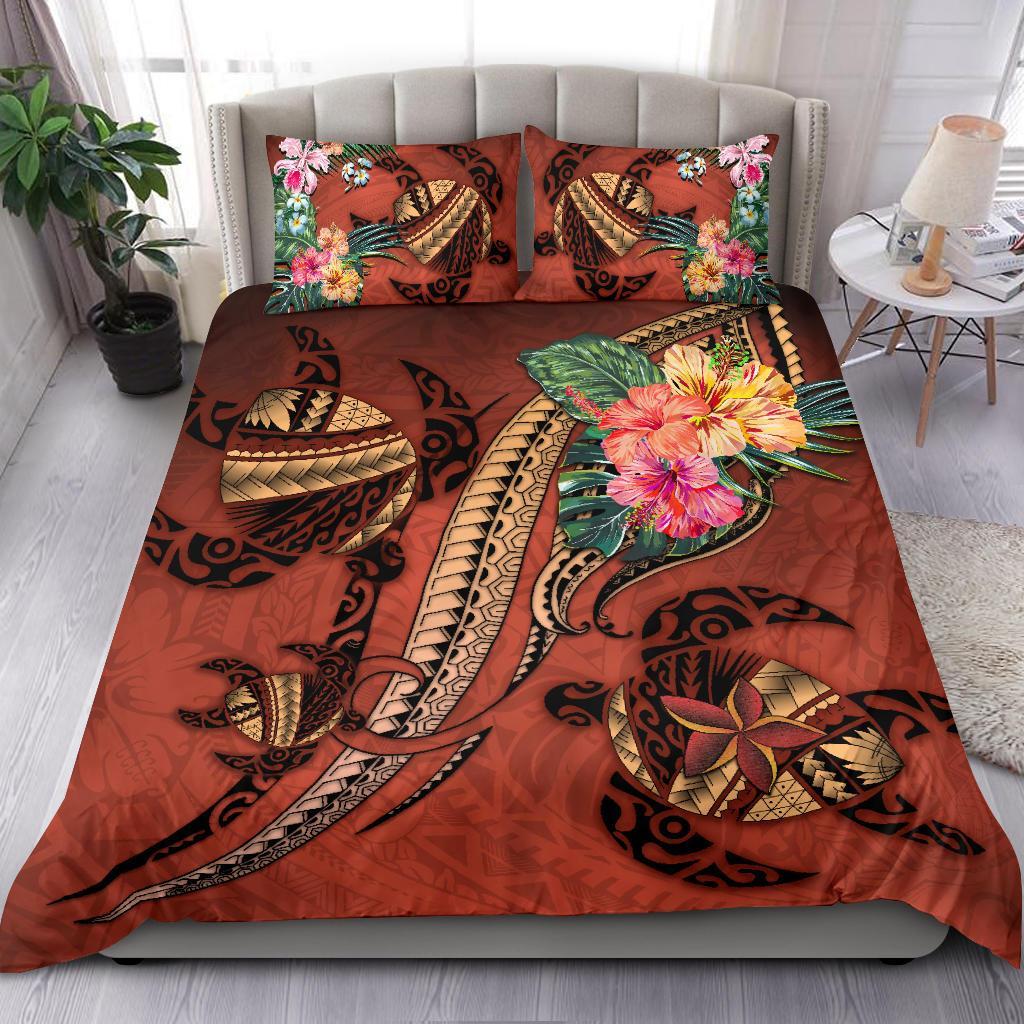 Polynesian Turtle Bedding Set - Tribal Tattoo With Hibiscus Coral - Vibe Hoodie Shop