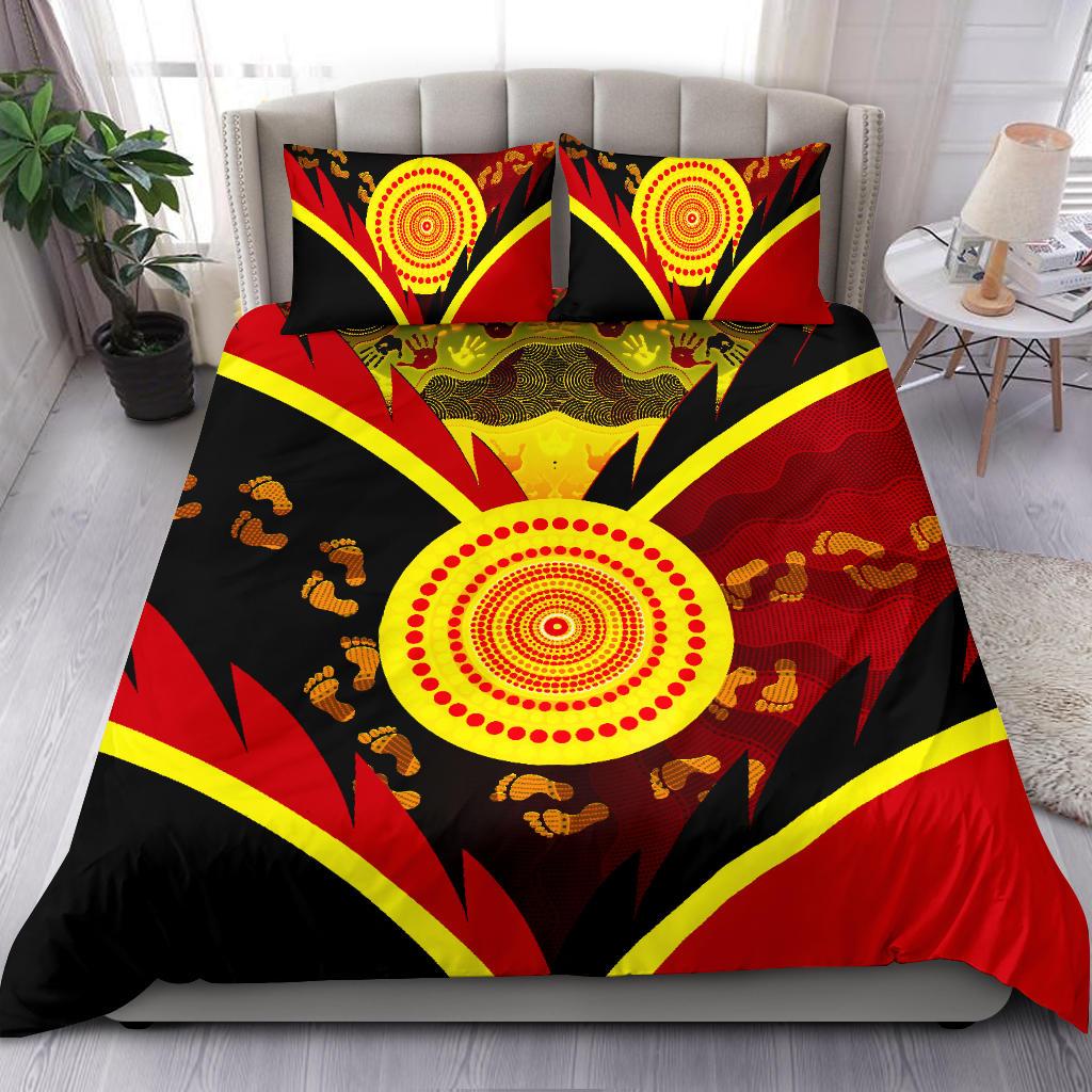 Aboriginal Bedding Set - Indigenous Flag With Footprint Hand Art - Vibe Hoodie Shop