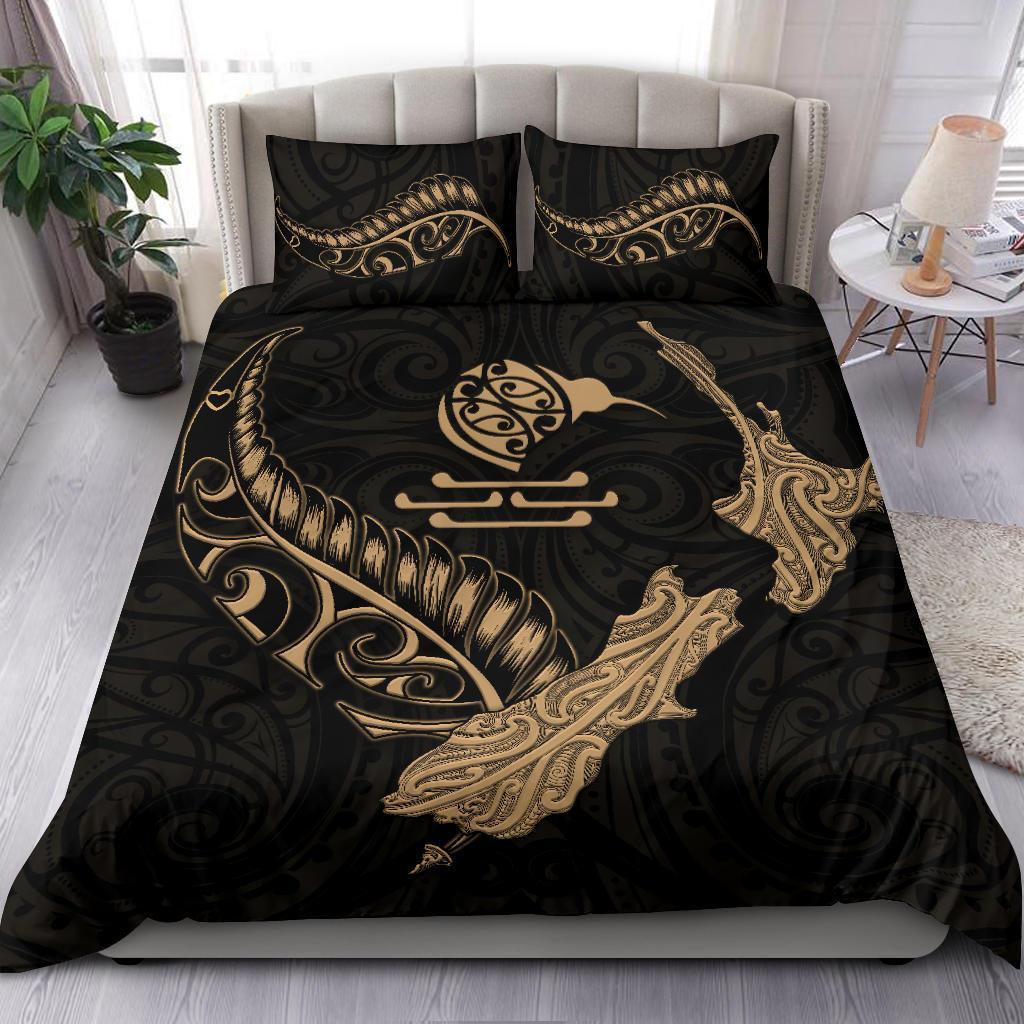 New Zealand Heart Bedding Set - Map Kiwi Mix Silver Fern Gold - Vibe Hoodie Shop