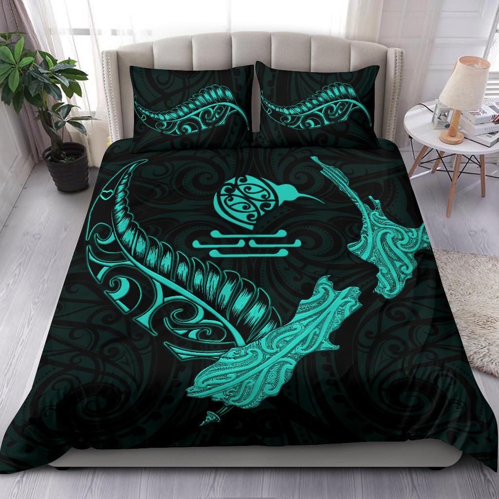 New Zealand Heart Bedding Set - Map Kiwi Mix Silver Fern Turquoise - Vibe Hoodie Shop