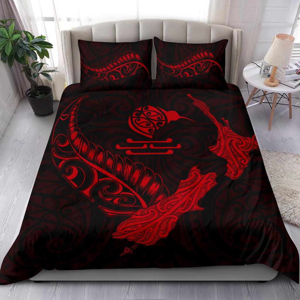 New Zealand Heart Bedding Set - Map Kiwi Mix Silver Fern Red - Vibe Hoodie Shop