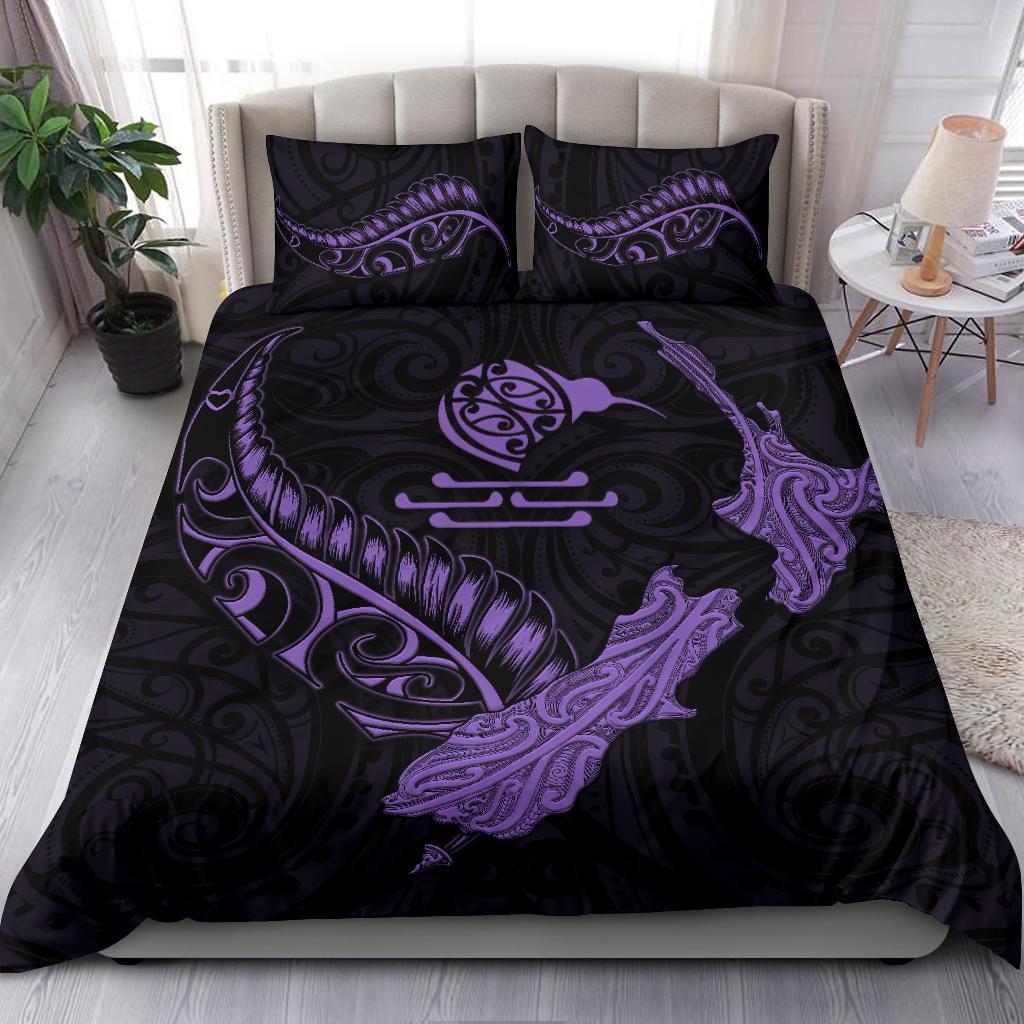 New Zealand Heart Bedding Set - Map Kiwi Mix Silver Fern Pastel Purple - Vibe Hoodie Shop